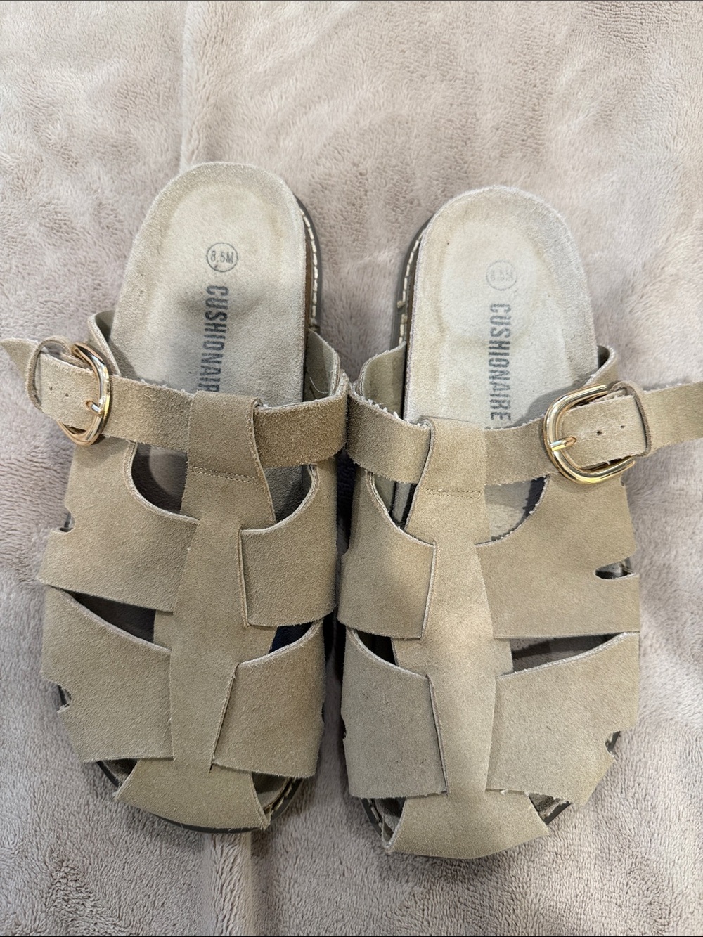 Cushionaire Taupe Suede Buckle Fisherman Mules